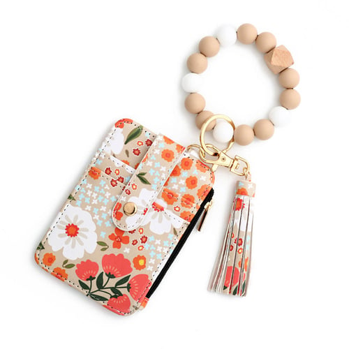 Floral Leather Small Wallet With Keychain And Bracelet