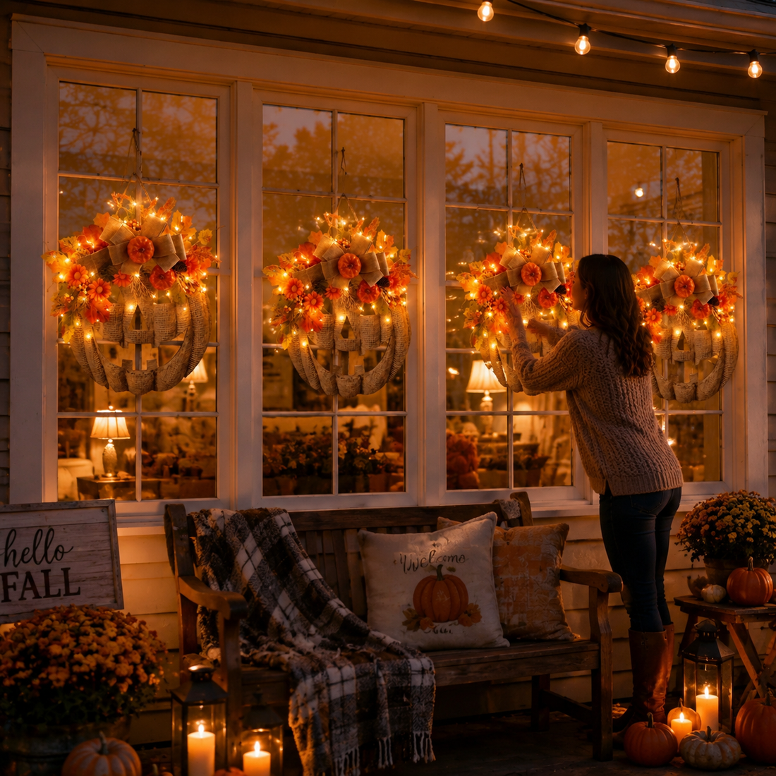 🎃✨Lighted Burlap Pumpkin Wreath