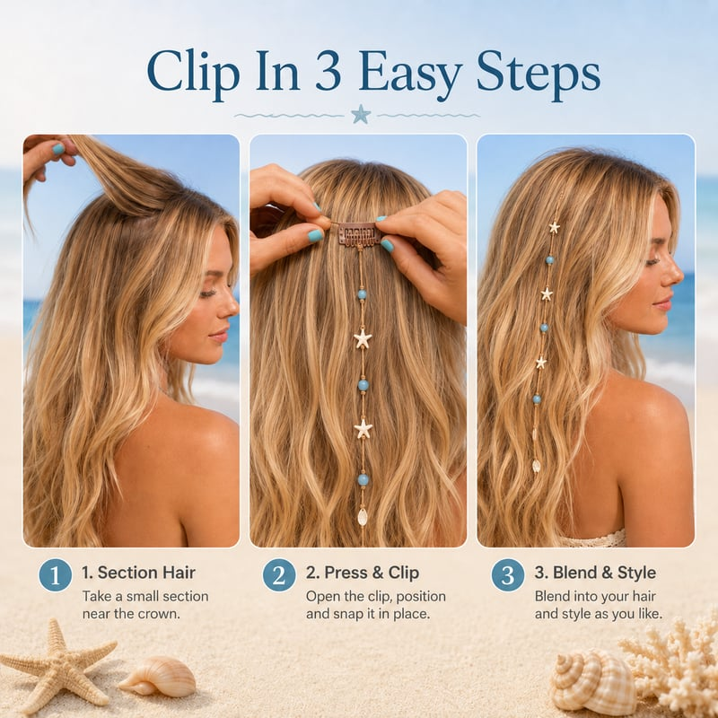 Mermaid Beach Hidden Clip Hair Accent – Ocean Starfish Shell Hair Strand For Summer Vacation