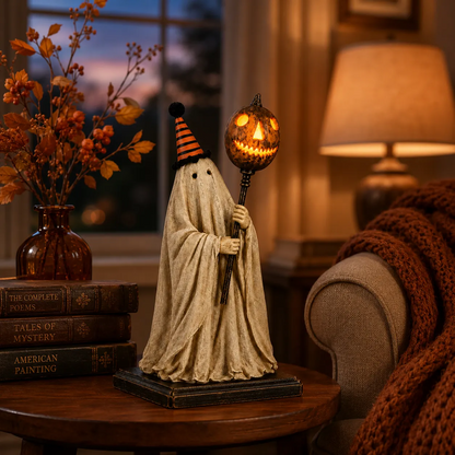 Lighted Vintage Ghost Figurine With Glowing Pumpkin Staff