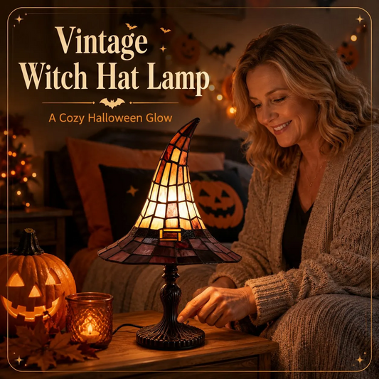 🎃 Vintage Stained Glass Witch Hat Table Lamp - Plug-In Cozy Warm Light for Autumn & Halloween Decor