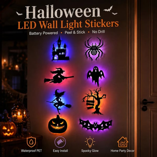 Halloween LED Silhouette Wall Light Sticker, Battery Powered Peel And Stick Decorative Light