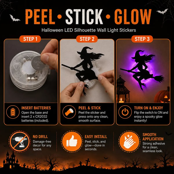 Halloween LED Silhouette Wall Light Sticker, Battery Powered Peel And Stick Decorative Light