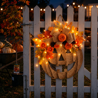 🎃Lighted Burlap Pumpkin Wreath