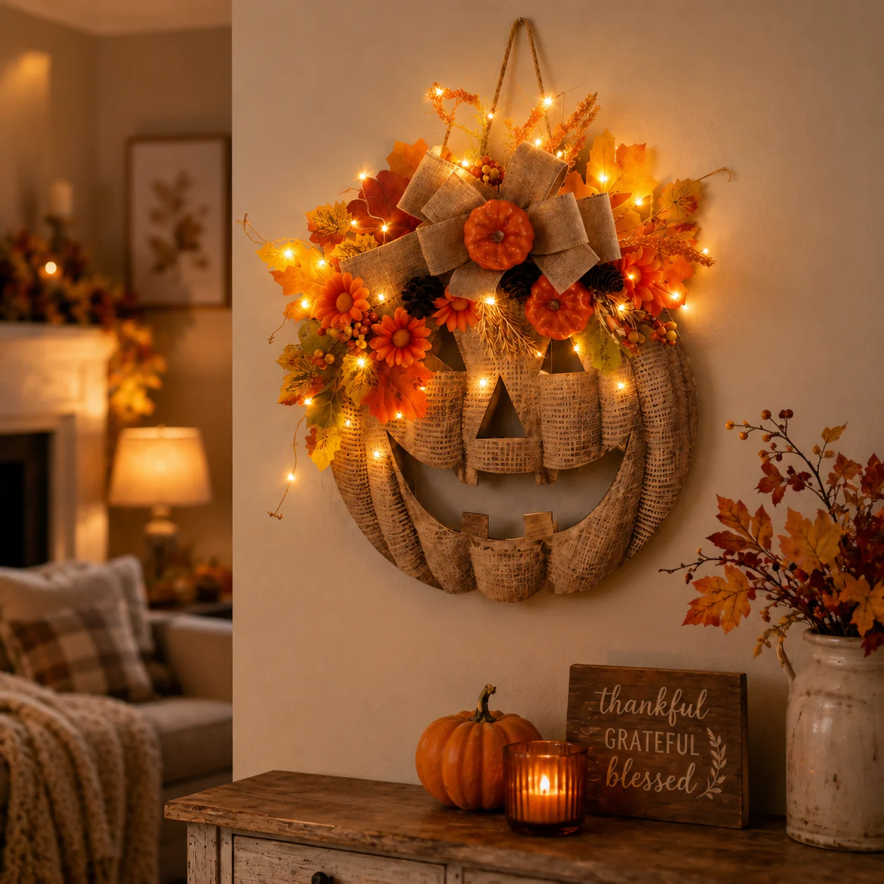 🎃Lighted Burlap Pumpkin Wreath
