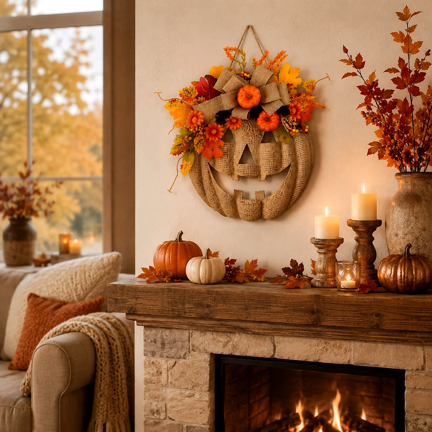 🎃Lighted Burlap Pumpkin Wreath