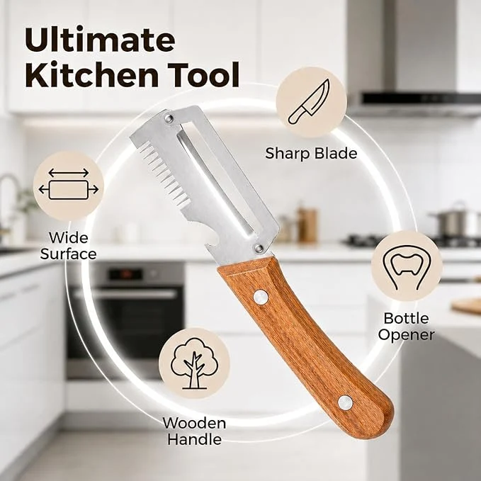 3-in-1 Multifunctional Peeler Knife With Bottle Opener & Wooden Handle