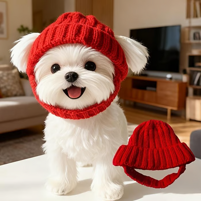 Red Knit Dog Beanie With Ear Flaps – Warm Winter Hat