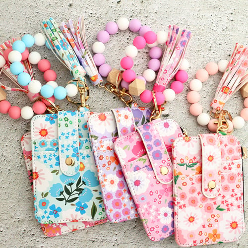 Floral Leather Small Wallet With Keychain And Bracelet