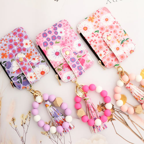 Floral Leather Small Wallet With Keychain And Bracelet