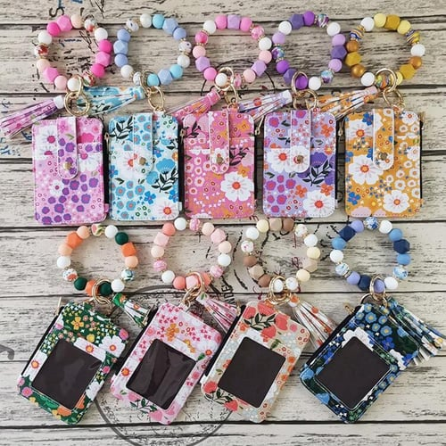 Floral Leather Small Wallet With Keychain And Bracelet