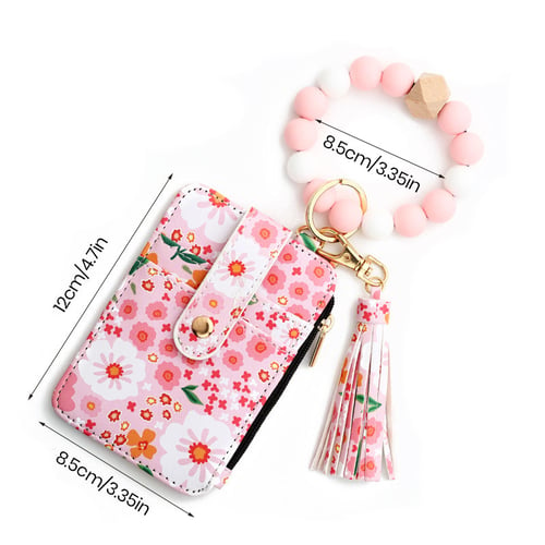 Floral Leather Small Wallet With Keychain And Bracelet