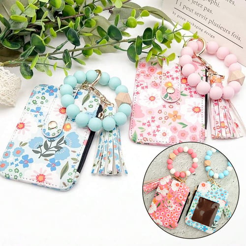 Floral Leather Small Wallet With Keychain And Bracelet