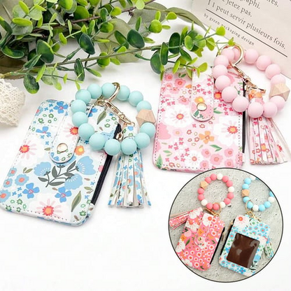 Floral Leather Small Wallet With Keychain And Bracelet