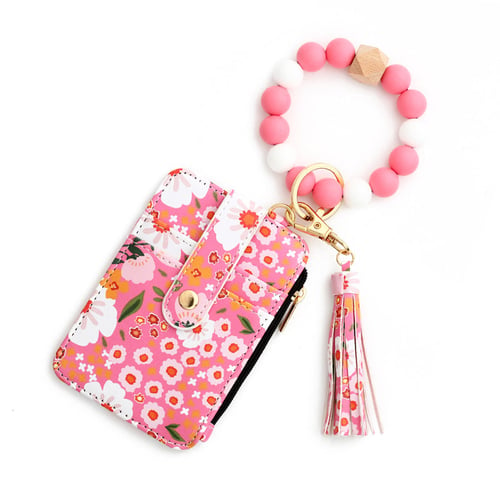 Floral Leather Small Wallet With Keychain And Bracelet