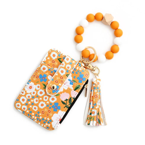 Floral Leather Small Wallet With Keychain And Bracelet