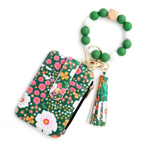 Floral Leather Small Wallet With Keychain And Bracelet