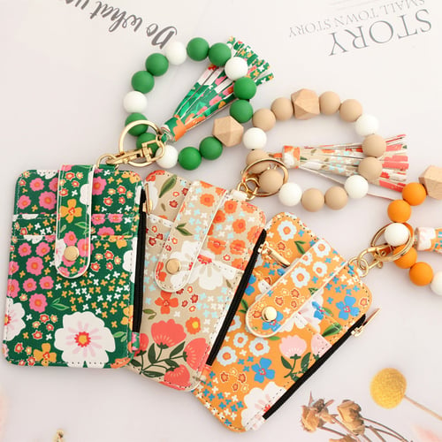 Floral Leather Small Wallet With Keychain And Bracelet