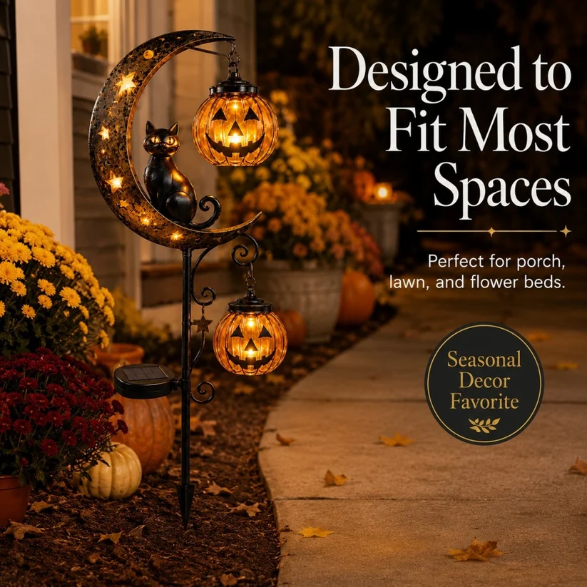Get Ready For Spooky Season | Solar Black Cat Moon Pumpkin Outdoor Stake Light