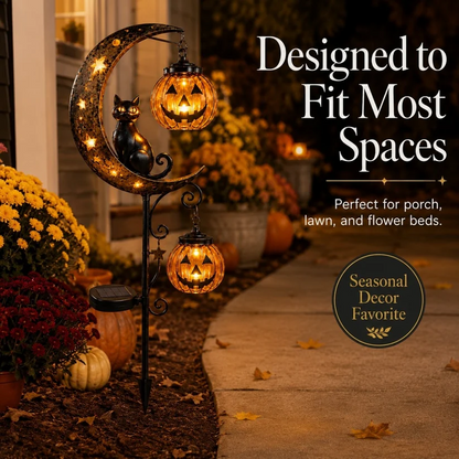 Get Ready For Spooky Season | Solar Black Cat Moon Pumpkin Outdoor Stake Light