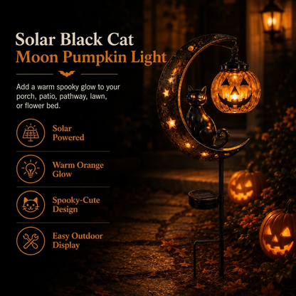 Get Ready For Spooky Season | Solar Black Cat Moon Pumpkin Outdoor Stake Light