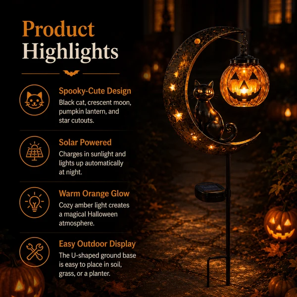 Get Ready For Spooky Season | Solar Black Cat Moon Pumpkin Outdoor Stake Light