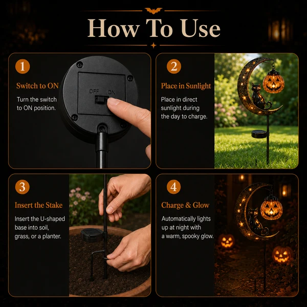 Get Ready For Spooky Season | Solar Black Cat Moon Pumpkin Outdoor Stake Light