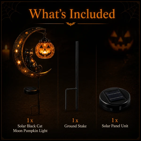 Get Ready For Spooky Season | Solar Black Cat Moon Pumpkin Outdoor Stake Light