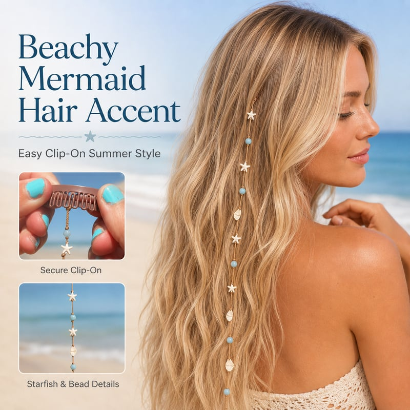 Mermaid Beach Hidden Clip Hair Accent – Ocean Starfish Shell Hair Strand For Summer Vacation