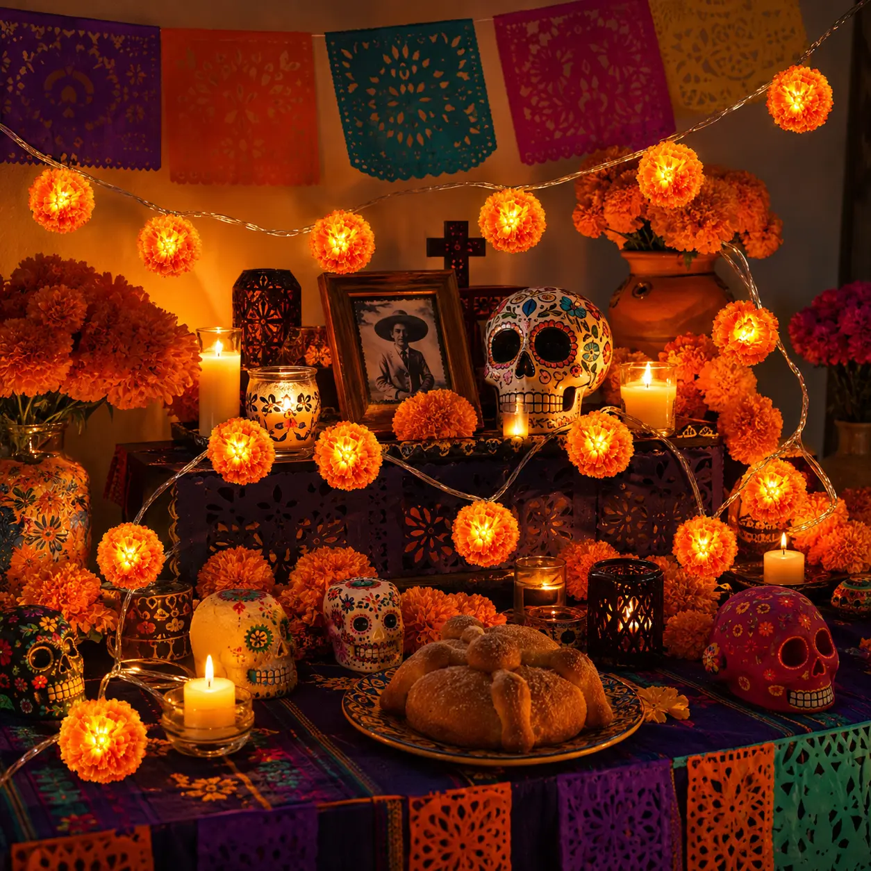 3 M Mexican Marigold Flower String Lights, 20 Flashing Orange LED Cempasuchil Style Garland, Battery Powered Day Of The Dead Altar Halloween Fall Decor