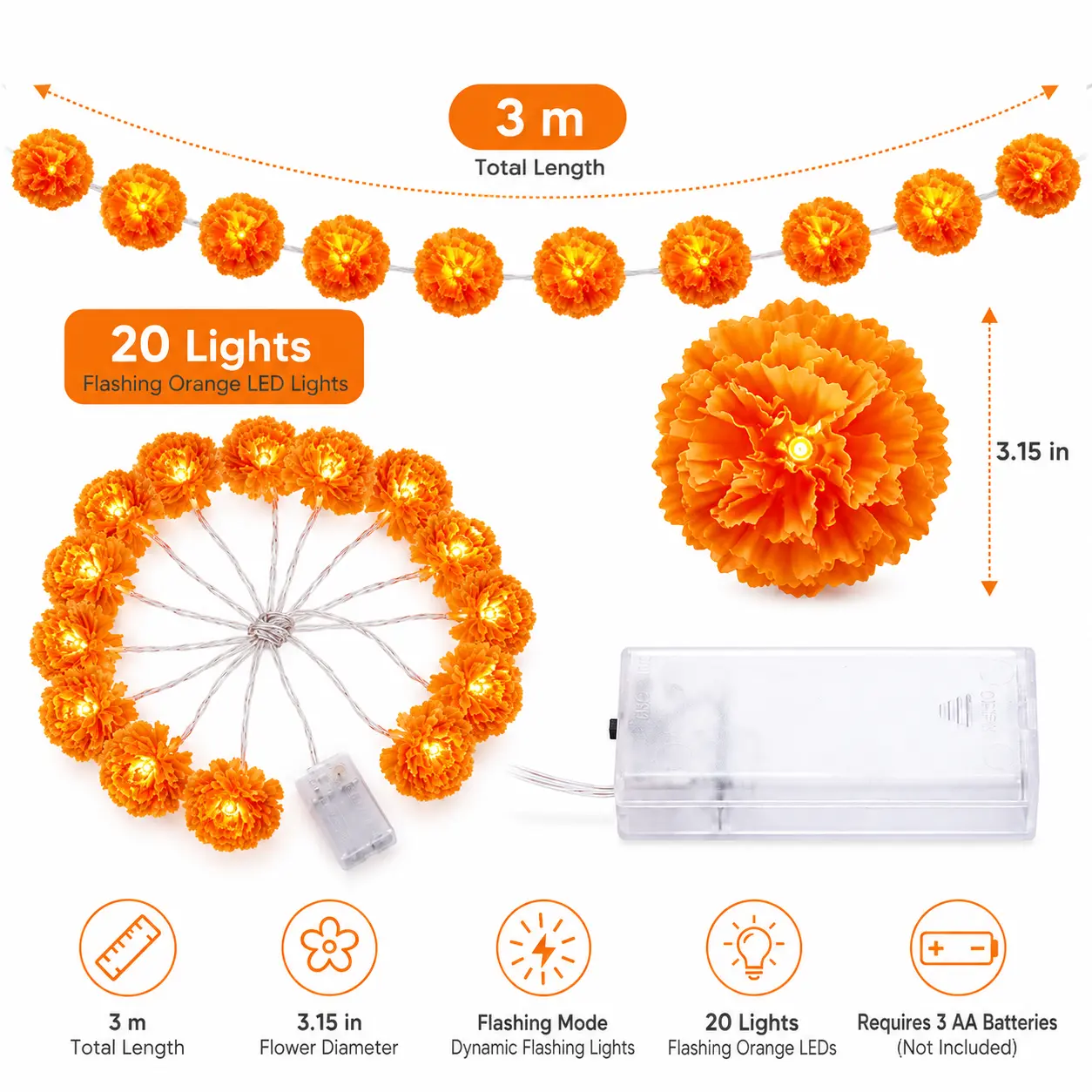 3 M Mexican Marigold Flower String Lights, 20 Flashing Orange LED Cempasuchil Style Garland, Battery Powered Day Of The Dead Altar Halloween Fall Decor