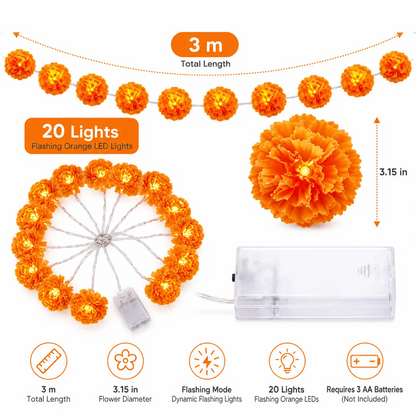 3 M Mexican Marigold Flower String Lights, 20 Flashing Orange LED Cempasuchil Style Garland, Battery Powered Day Of The Dead Altar Halloween Fall Decor