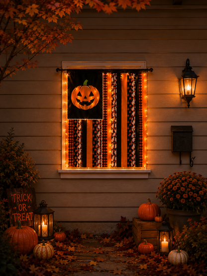 Halloween Banner Flag Pre-Lit Pumpkin Fabric Ribbon Garland Streamers