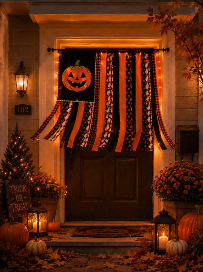 Halloween Banner Flag Pre-Lit Pumpkin Fabric Ribbon Garland Streamers