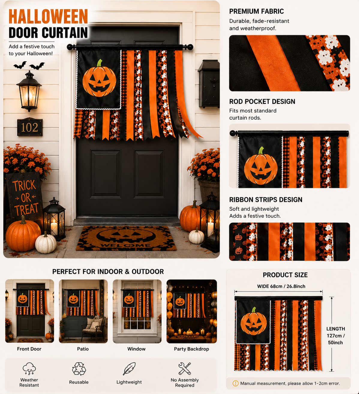 Halloween Banner Flag Pre-Lit Pumpkin Fabric Ribbon Garland Streamers
