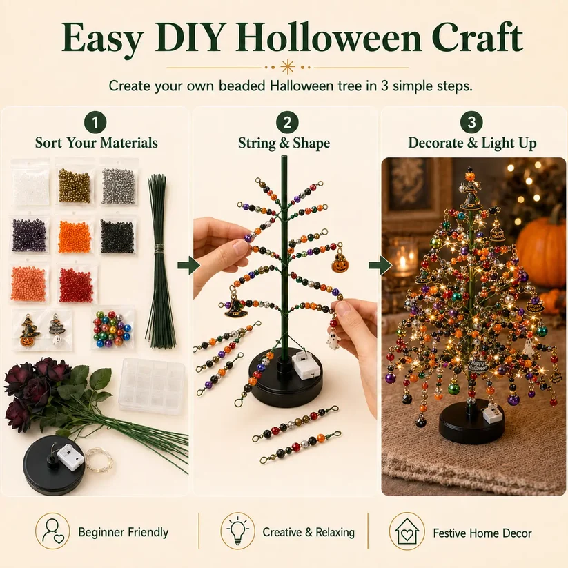 DIY Beaded Christmas Tree Kit, Crystal Craft Set With LED Lights & Angel Topper