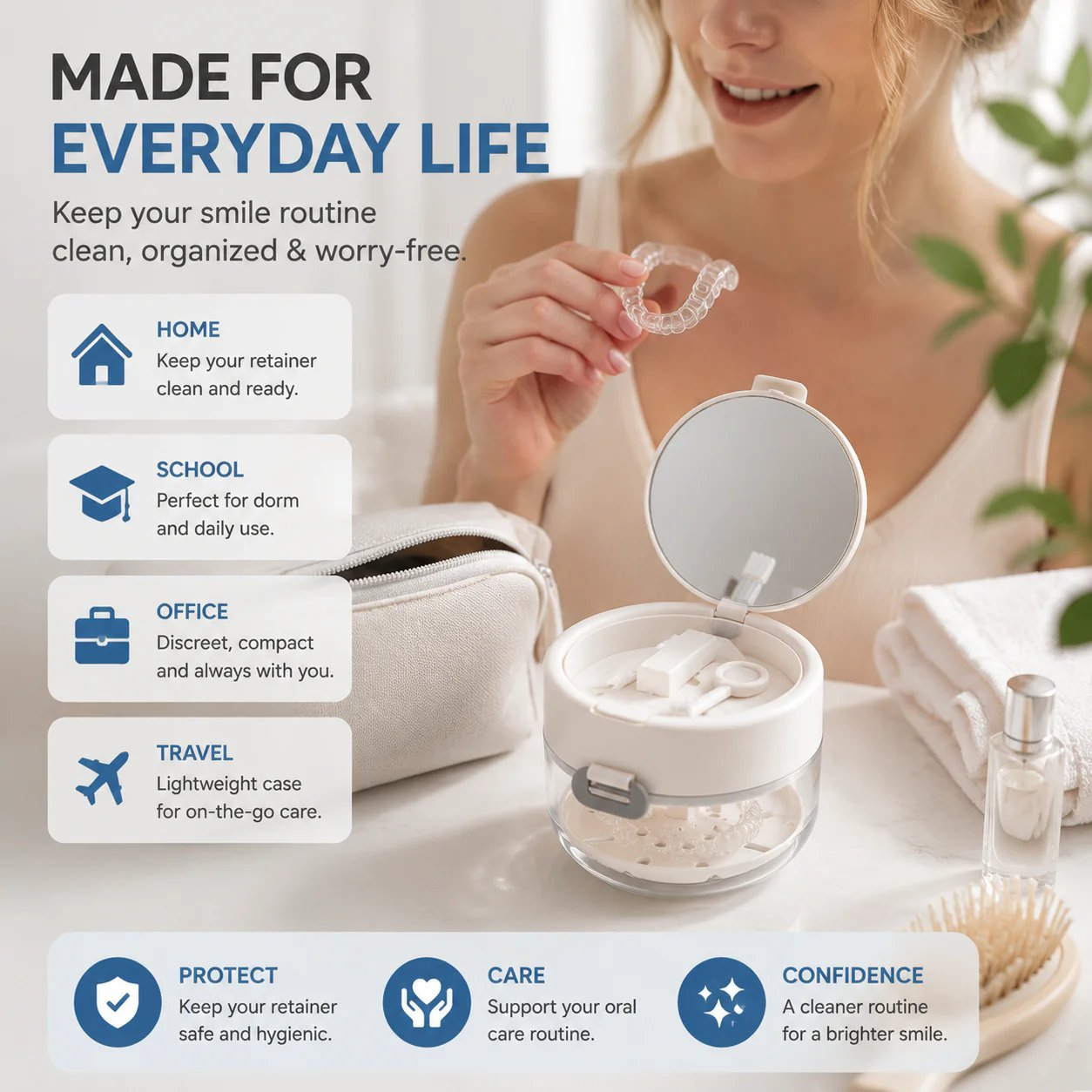 Portable 3-in-1 Retainer Cleaner Case | Clean, Drain, Dry & Store Aligners, Mouth Guards And Dentures In One Compact Organizer