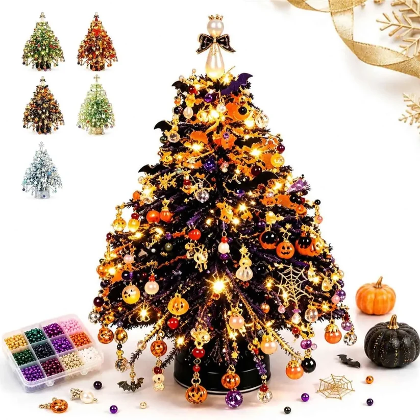 DIY Beaded Christmas Tree Kit, Crystal Craft Set With LED Lights & Angel Topper
