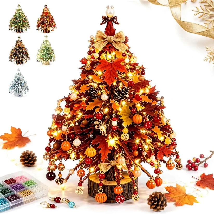 DIY Beaded Christmas Tree Kit, Crystal Craft Set With LED Lights & Angel Topper