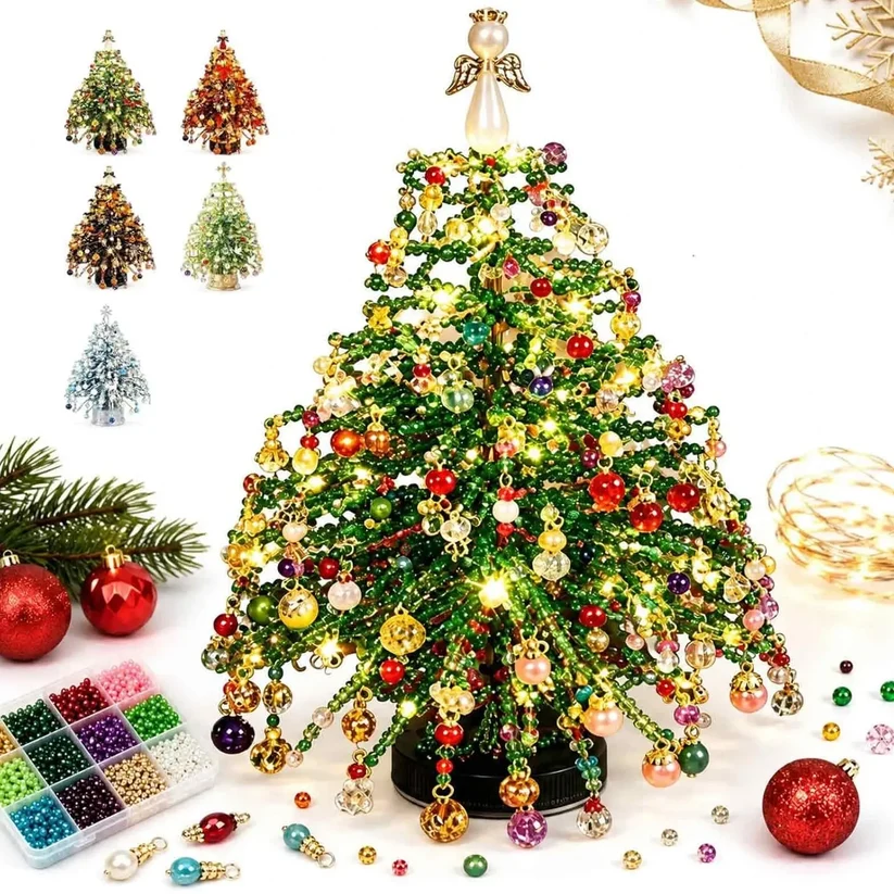 DIY Beaded Christmas Tree Kit, Crystal Craft Set With LED Lights & Angel Topper