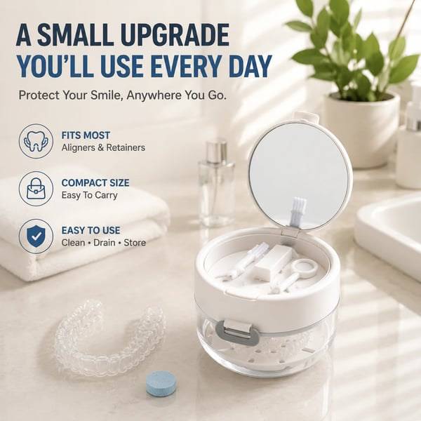 Portable 3-in-1 Retainer Cleaner Case | Clean, Drain, Dry & Store Aligners, Mouth Guards And Dentures In One Compact Organizer