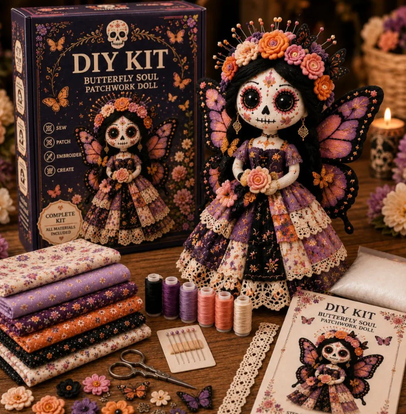Day Of The Dead Patchwork Doll DIY Sewing Kit - Handmade Fabric Doll Craft Kit With Floral Details