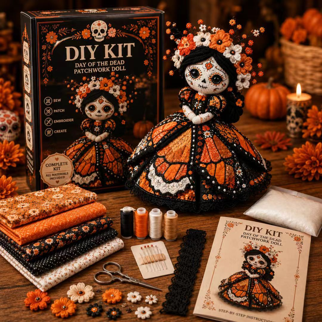 Day Of The Dead Patchwork Doll DIY Sewing Kit - Handmade Fabric Doll Craft Kit With Floral Details