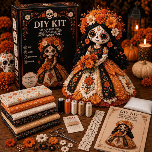 Day Of The Dead Patchwork Doll DIY Sewing Kit - Handmade Fabric Doll Craft Kit With Floral Details