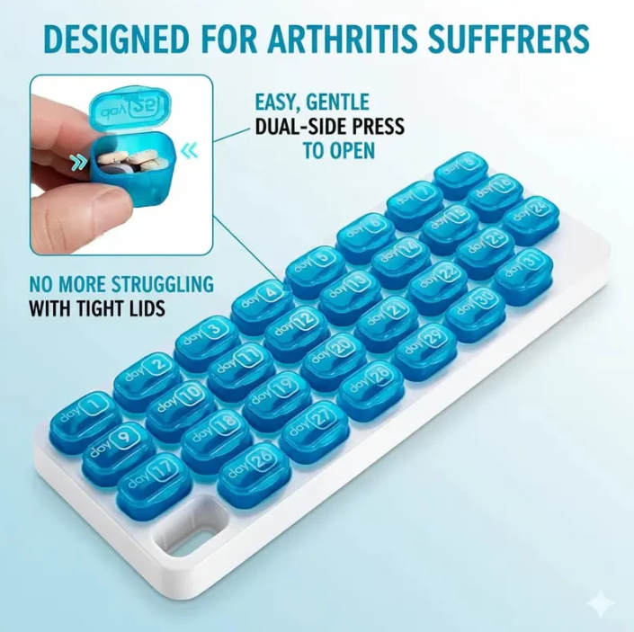 31 Days Arthritis Friendly Monthly Pill Organizer Box, BPA Free Easy Open Medication Case Gift for Seniors & Family
