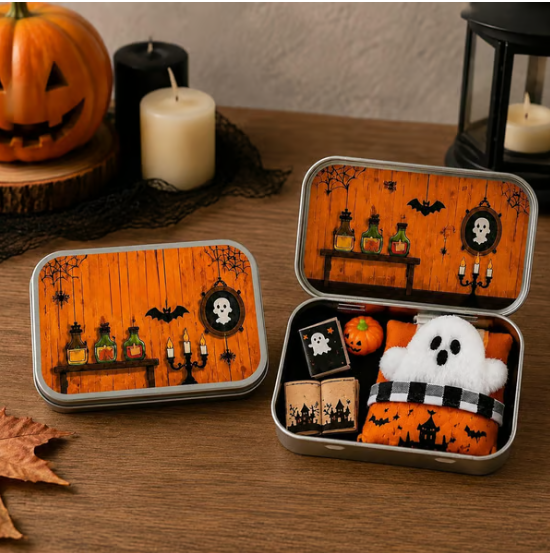 Halloween Mini Ghost Tin Box Set - Cute Spooky Halloween Travel Figurine