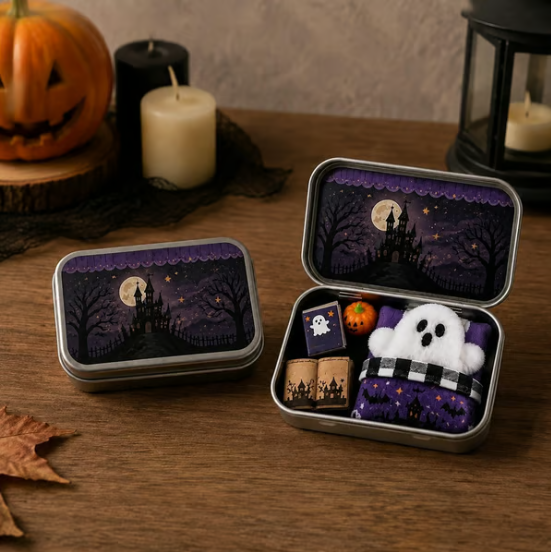 Halloween Mini Ghost Tin Box Set - Cute Spooky Halloween Travel Figurine
