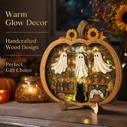 Enchanting Halloween Ghost Pumpkin Decor | Cozy Wooden Tabletop Ornament With Charming Scenes