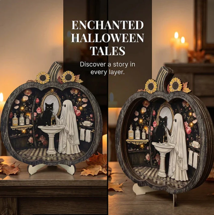 Enchanting Halloween Ghost Pumpkin Decor | Cozy Wooden Tabletop Ornament With Charming Scenes