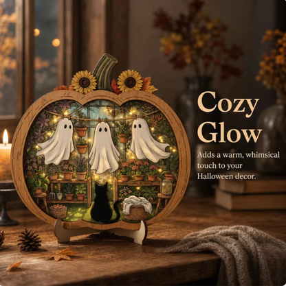 Enchanting Halloween Ghost Pumpkin Decor | Cozy Wooden Tabletop Ornament With Charming Scenes